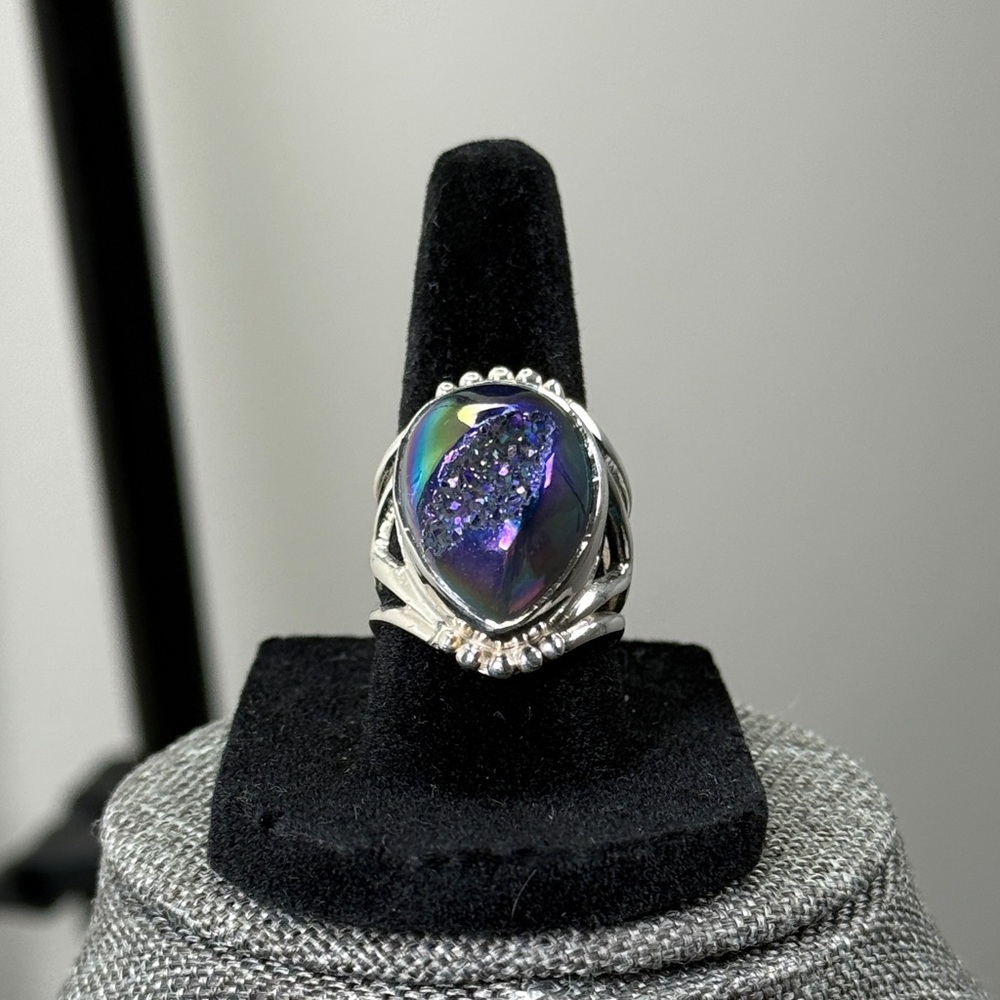 #560 Vintage Rainbow Window Druzy Ring, SZ 7+